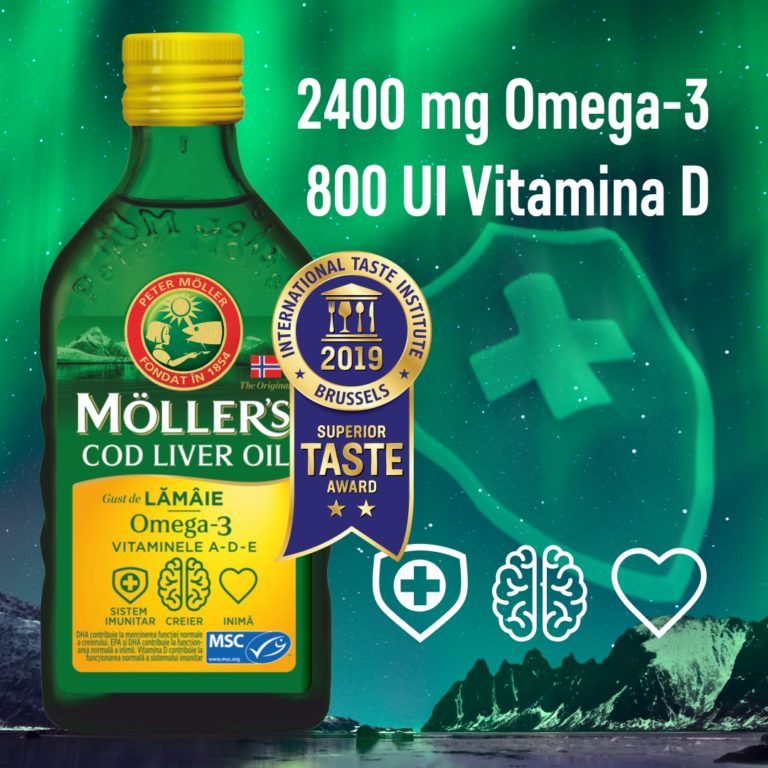 The Original MÖLLER’s Cod Liver Oil Omega3 lămâie, 250 ml